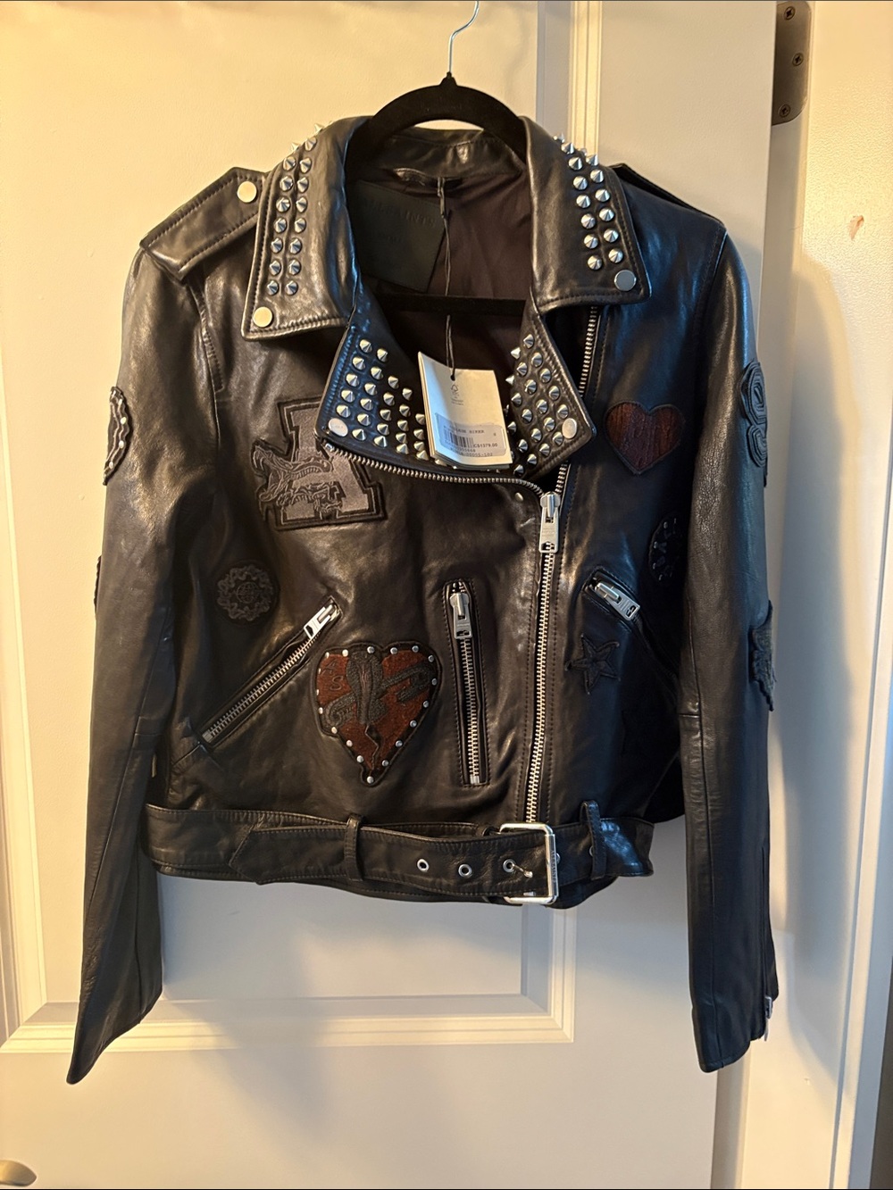 AllSaints Black Leather Studded Moto Jacket with Heart Patches